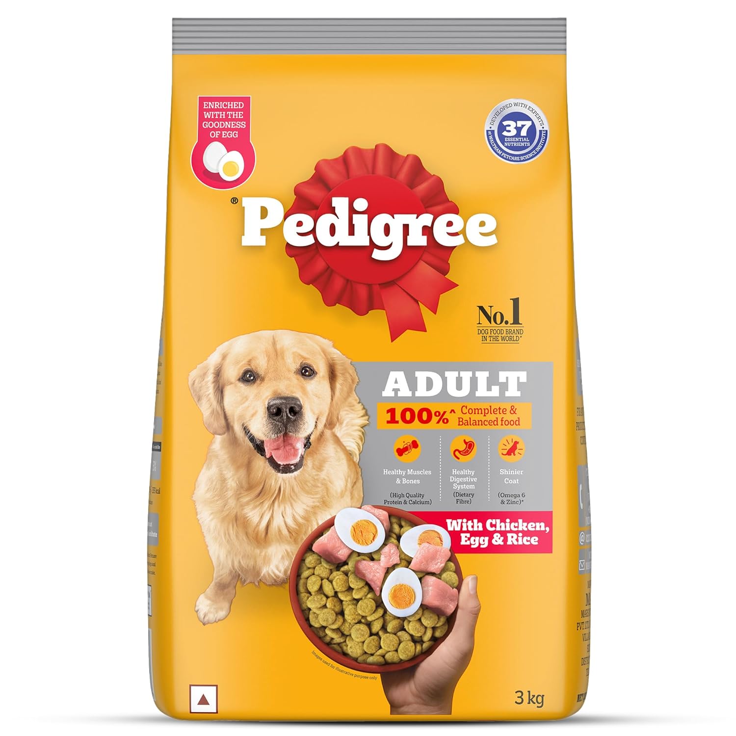Pedigree Adult Dry Dog Food, Chicken, Egg & Rice, 3 kg, Contains 37 Essential Nutrients, 100% Complete & Balanced Food for Adult Dogs