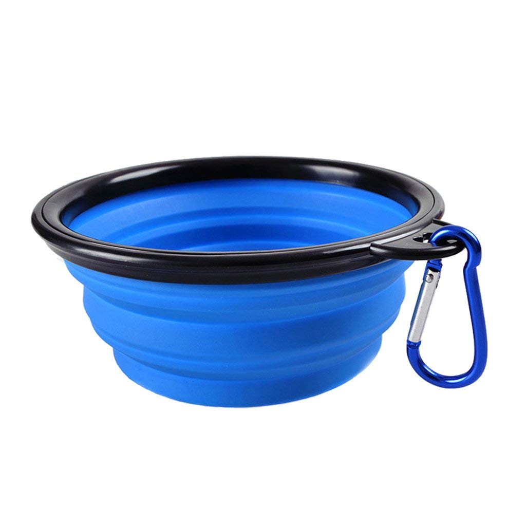 Qpets Collapsible Silicone Dog Bowl, Foldable Expandable Cup Dish For Pet Cat Food Water Feeding, Portable Travel Bowl With A Free Hook-Blue,10 cm,H_5 cm,W_5 cm