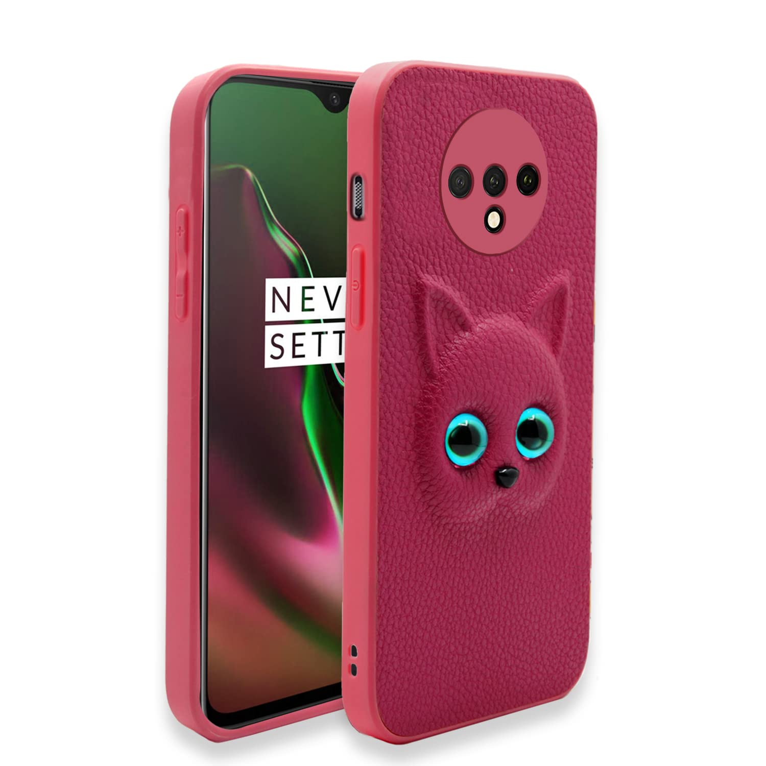 Pikkme Oneplus 7T Back Cover for Girls | Cute Cat Leather Finish | Soft TPU | Case for Oneplus 7T (Pink)