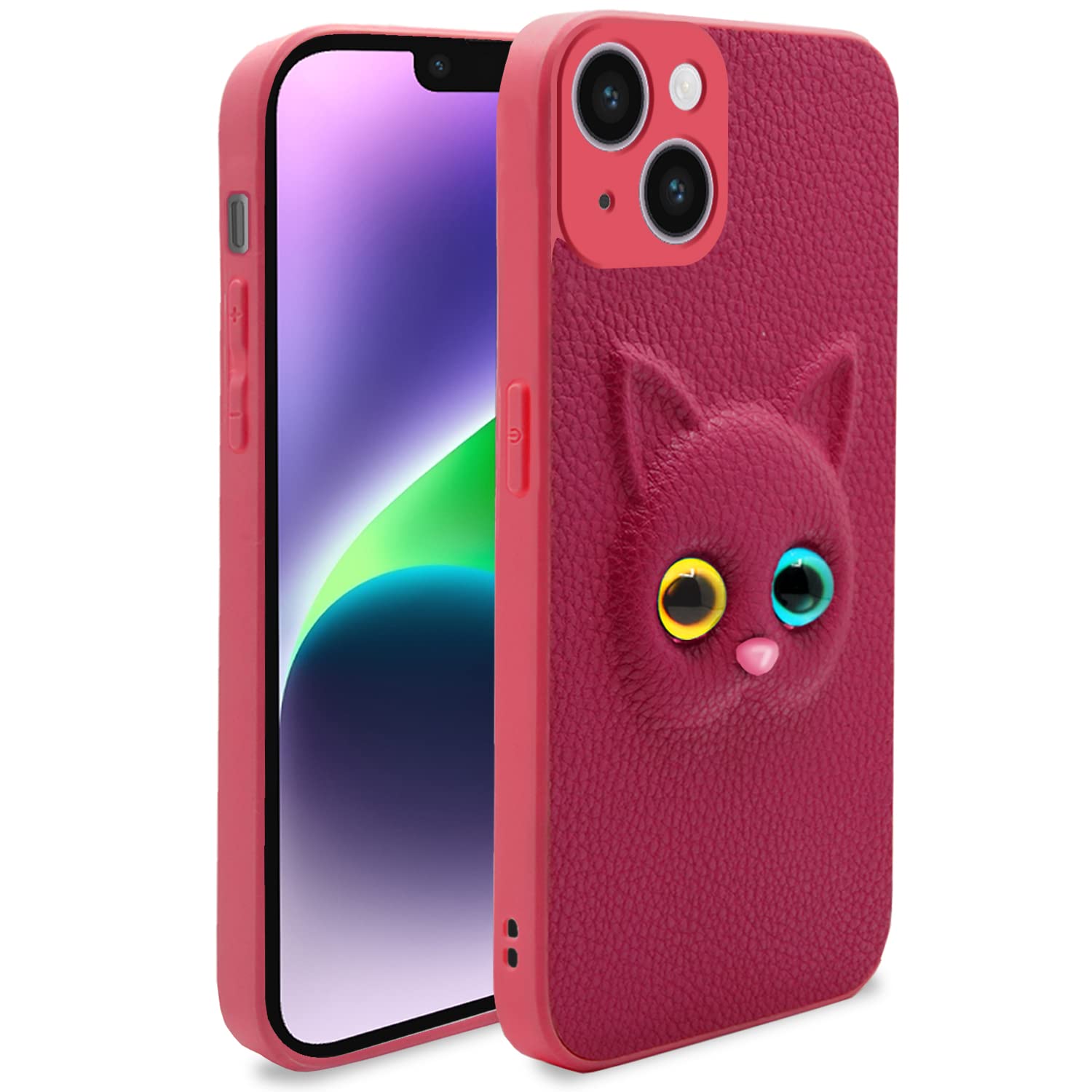 Pikkme Back Cover for Girls | Cute Cat Leather Finish | Soft TPU | Case for iPhone 14 (Pink)