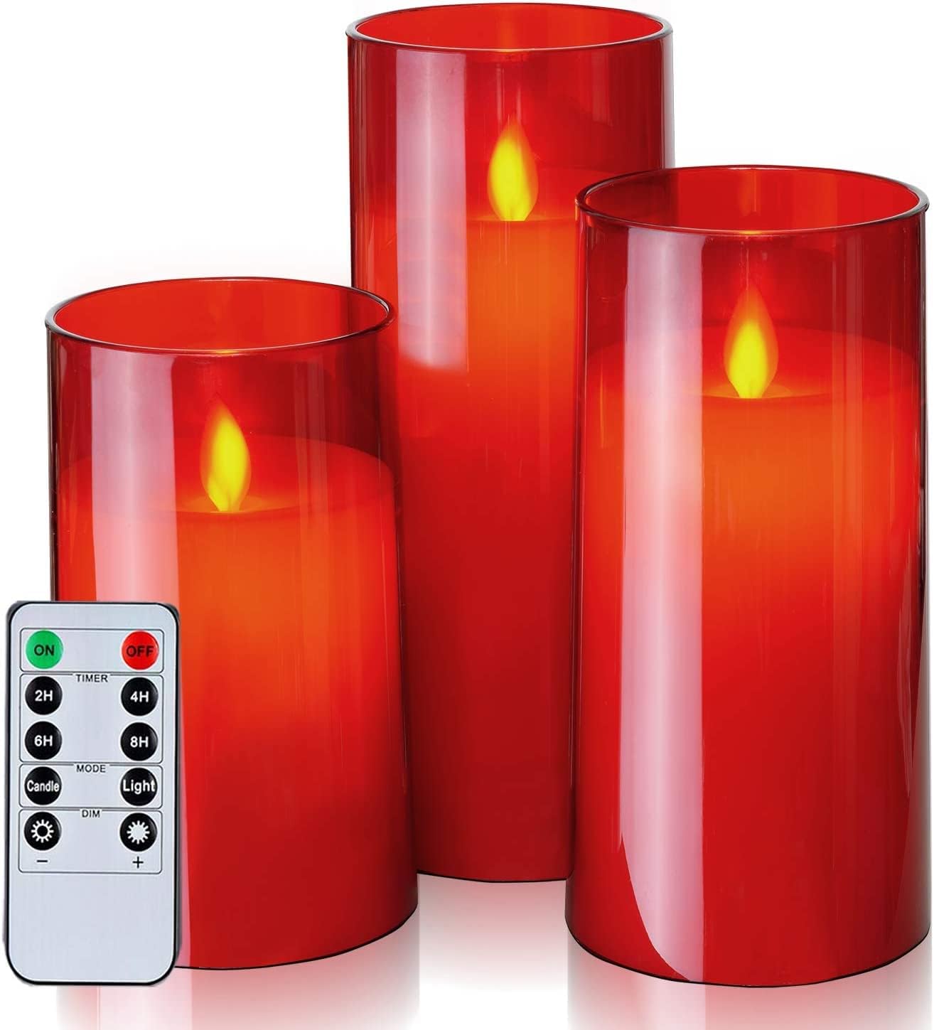 Flameless LED Candles | Red Acrylic Fiber Glass | Battery Powered with Remote Controller & Timer | Decorative LED Set for Home, Festival & Wedding | Set of 3 (H-4″,5″,6″ x D-3″)