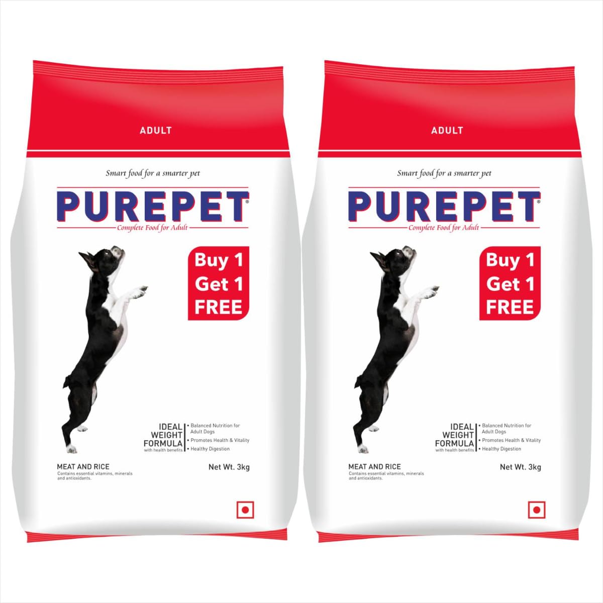 PUREPET Meat and Rice Adult Dry Dog Food, 3Kg (Buy 1 Get 1 Free), 1 Count