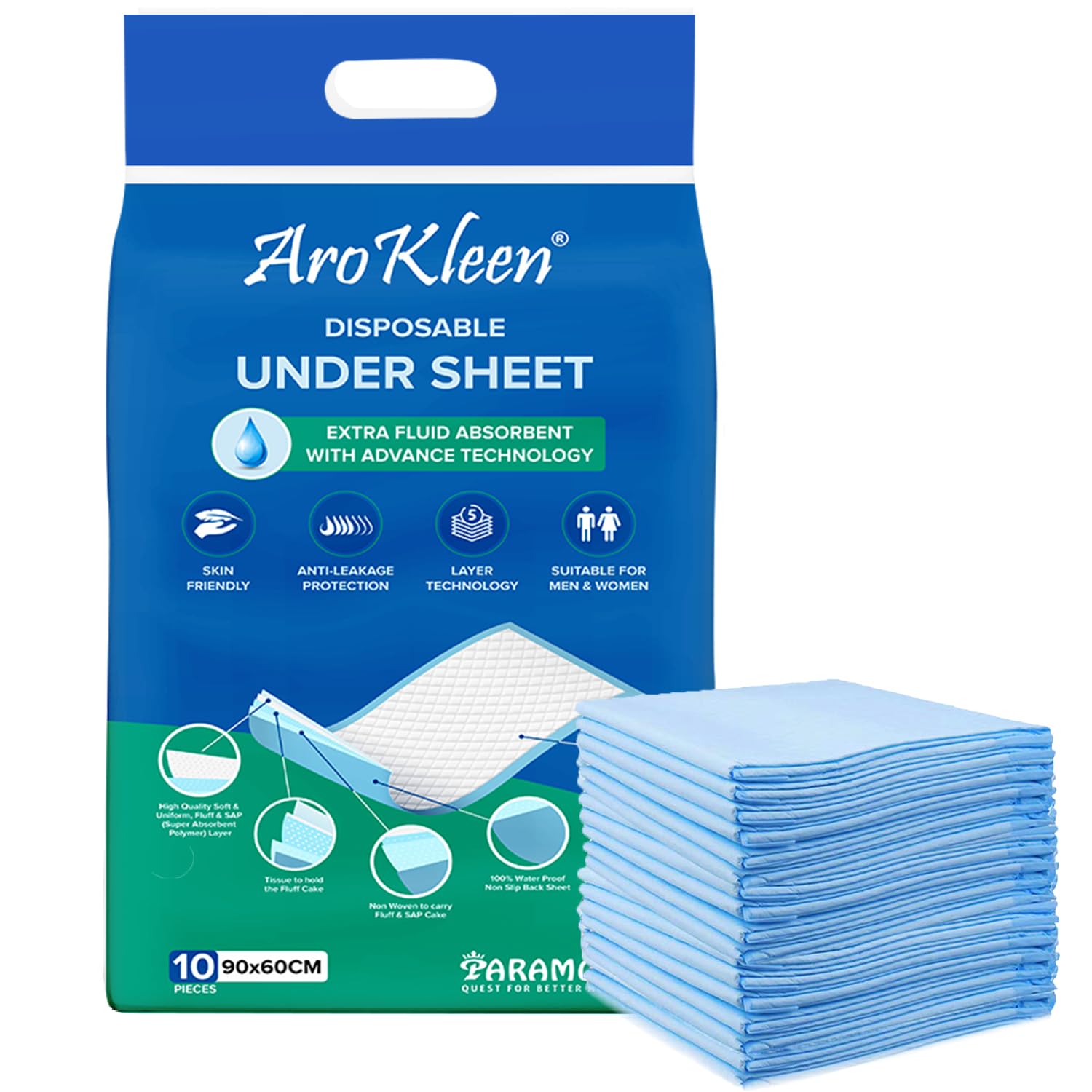 Arokleen Premium Disposable Under Sheet, Extra Fluid Absorbent, 5-Layer Leak Proof Technology, 90×60 cm, 10 Count (1)