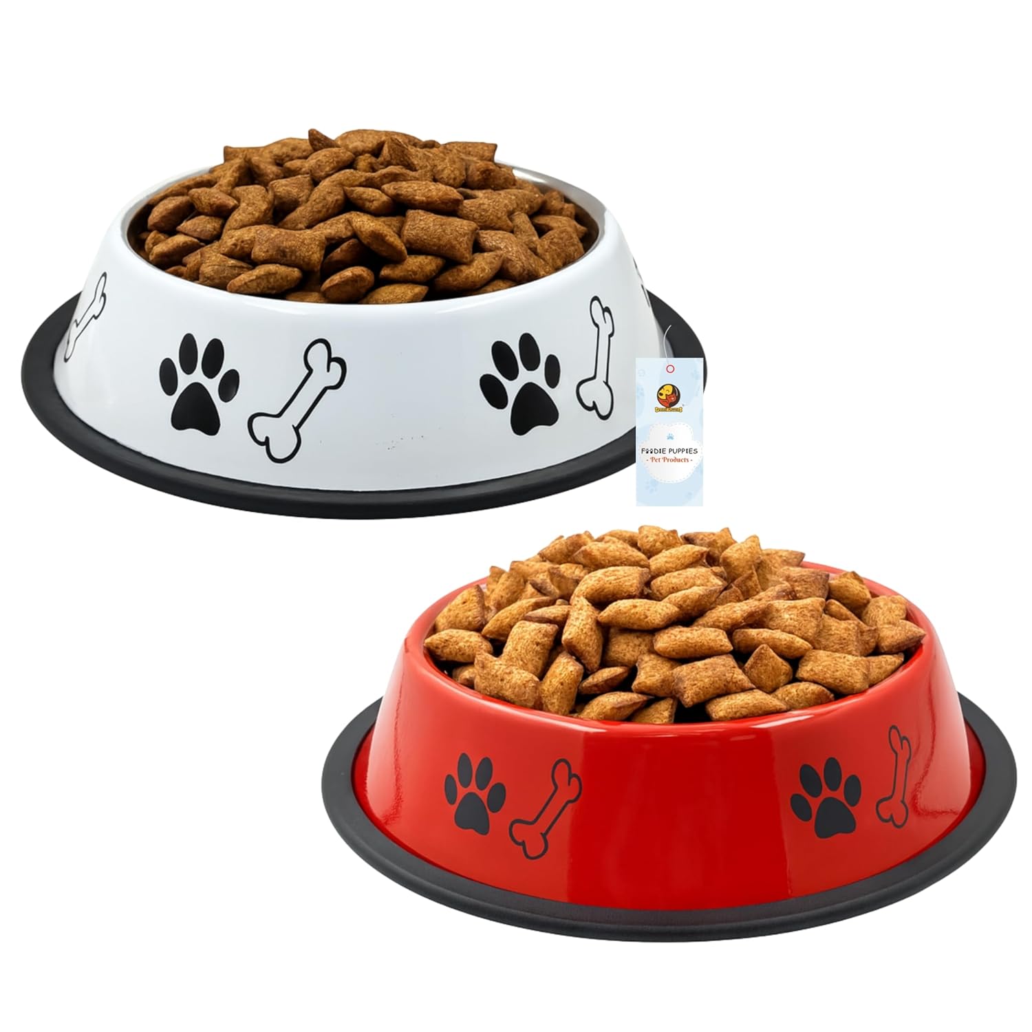 Foodie Puppies Stainless Steel Dog Bowl Combo – (Small, 450ml) Food and Water Feeding Gift Bowl | Suitable for Dogs, Cats and Small Pets I Paw Bone Print, Anti-Skid Rubber Base (White + Red)