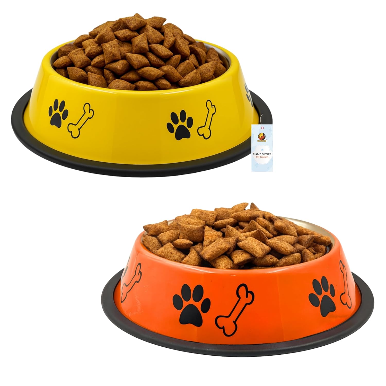 Foodie Puppies Stainless Steel Dog Bowl Combo – (Medium, 700ml) Food and Water Feeding Gift Bowl | Suitable for Dogs, Cats and Other Pets I Paw Bone Print, Anti-Skid Rubber Base (Yellow + Orange)