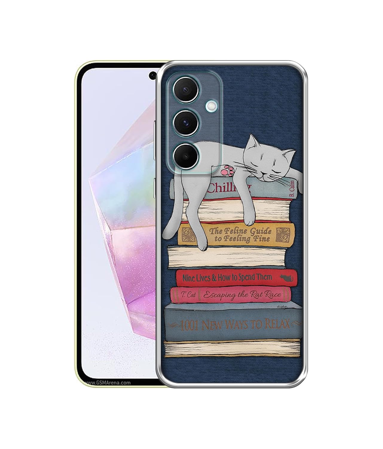 Cat Sleeping On The Books Design Printed Silicon Soft TPU Back Case Cover for Samsung Galaxy A35 5G, Multicolor