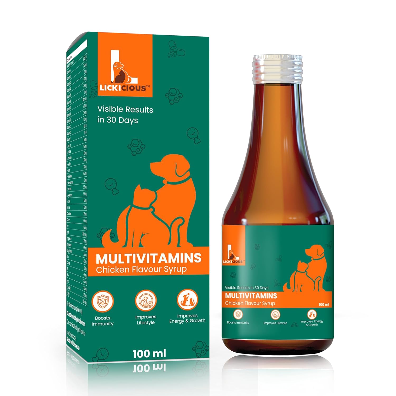 Multivitamin Syrup for Dogs & Cats 100ml | 36 Active Ingredients for Improved Energy, Boost Immunity | Vitamins & Minerals for Enhanced Growth | Chicken Flavour Supplement/Tonic for Pets