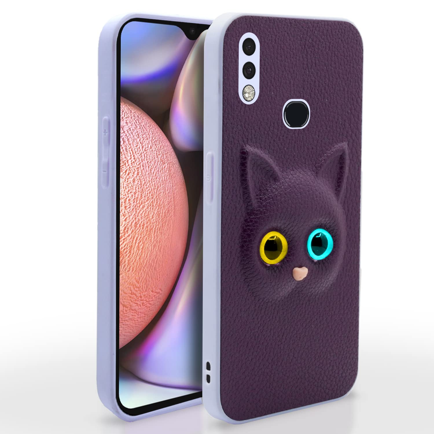 Pikkme Samsung Galaxy A10s Back Cover for Girls | Cute Cat Leather Finish | Soft TPU | Case for Samsung Galaxy A10s (Purple)