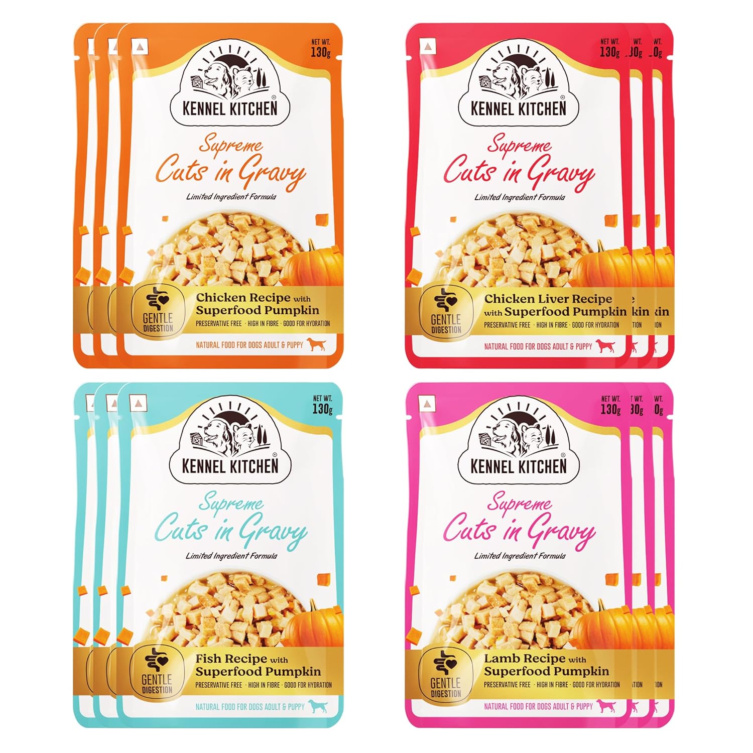 Kennel Kitchen Supreme Cuts in Gravy Variety Pack, 130g (Pack of 12) | Chicken, Chicken Liver, Lamb and Fish Recipe | Wet Dog Food for Adult and Puppy