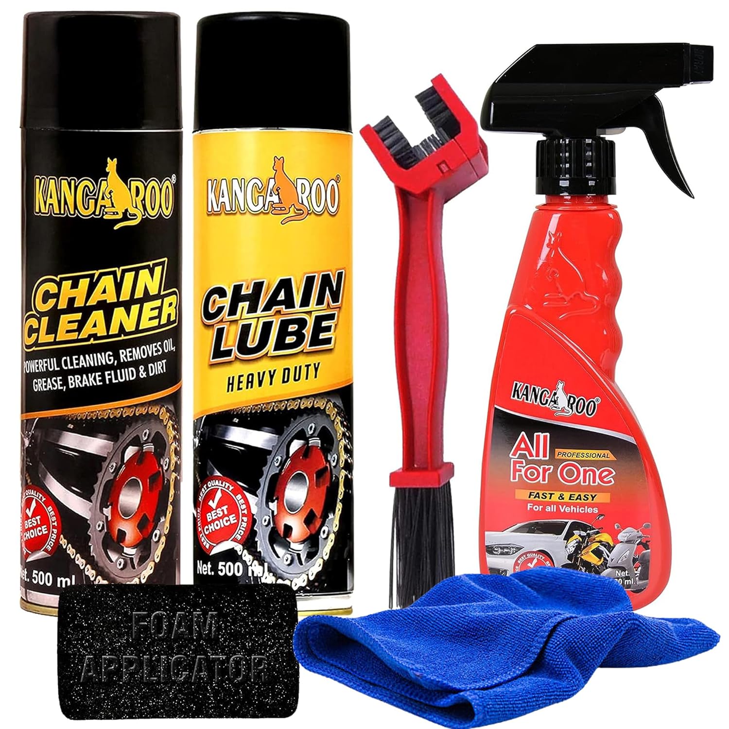 Kangaroo Chain Lube Spray & Chain Cleaner Lubricant Spray(500 Ml Each) with Chain Cleaner Brush Car and Bike Polish Shiner(200 Ml) 1 Microfiber Cloth with Foam Applicator.