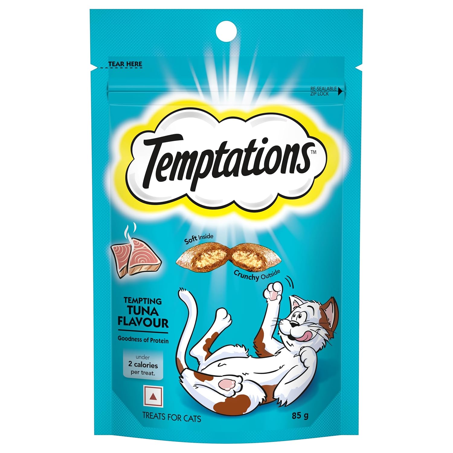 Temptations Crunchy Cat Treats, Tempting Tuna Flavour, 85 g, Goodness of Protein, Vitamins & Minerals, Soft Inside Crunchy Outside, Adult, Pebbles