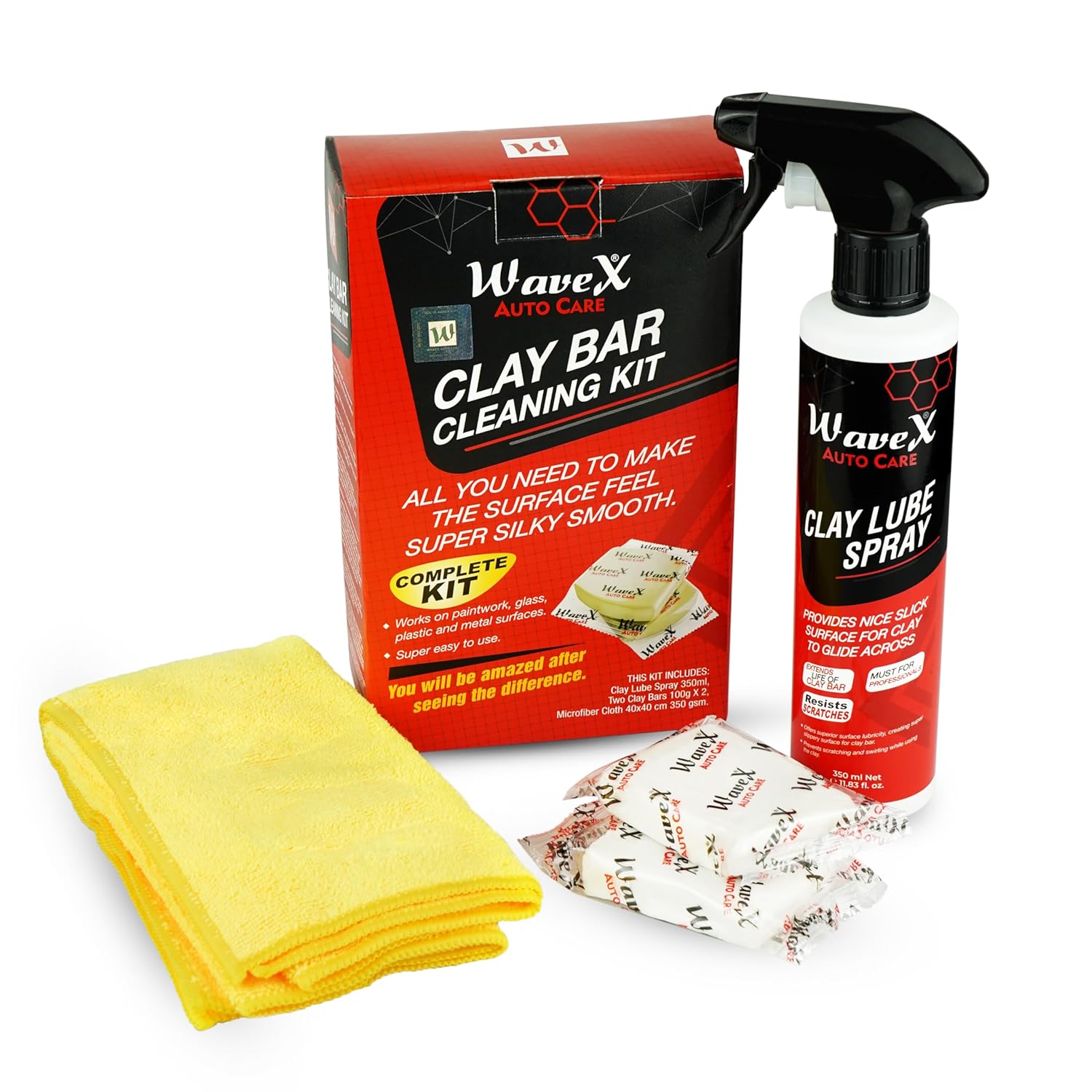 Wavex Car Cleaning Kit | Clay Bar & Lubricant Spray 350ml, 2 Bars 100gr Each, Microfiber Cloth, Contamination Removal Bar for Removing Rust & Other Foreign Particles from Paint & Glass