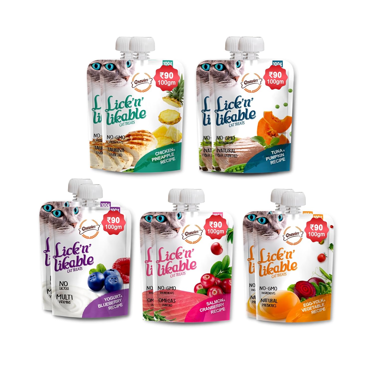 Sniff & Licks Gnawlers Lickable Wet Creamy Cat Treats With Assorted Flavours For Adult & Senior Cats, Healthy Cat Treat, Pack Of 10 – By Sniff N Licks