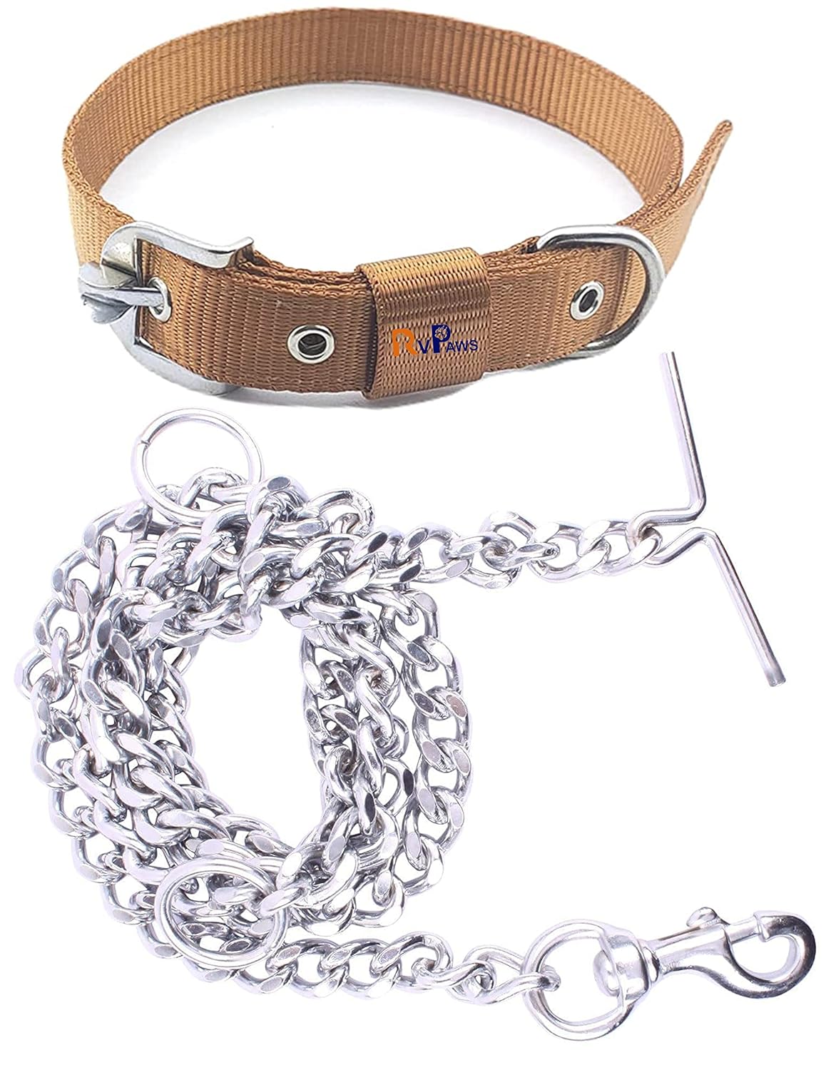 RvPaws Combo Nylon Dog Belt – 1 Inch Collar with Heavy Dog Chain 63 Inch Lengthy Dog Collar Chain Adjustable (Collar Neck Size 16-20 Inch) (Golden)