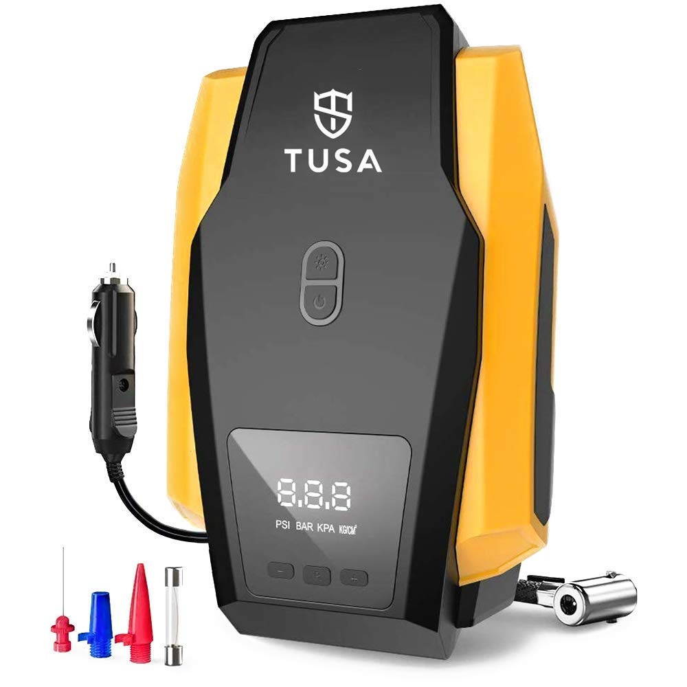 TUSA Digital Air Compressor Pump(ABS Plastic and Metal) – 12V Digital Car Tyre Inflator with Auto shutoff (1 Year Warranty) Yellow, Pack of 1