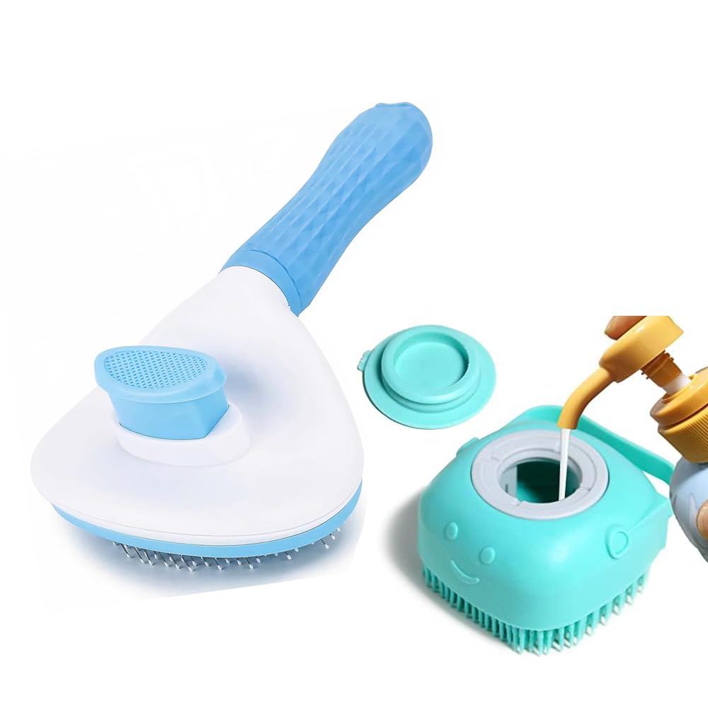 Pet Grooming Combo – Slicker Brush & Silicone Shampoo Dispenser | Color May Vary | Dog & Cat Hair Remover, Bath Brush for Shedding, Massaging | Pet Accessories for Puppy & Kitten (Pack of 2)
