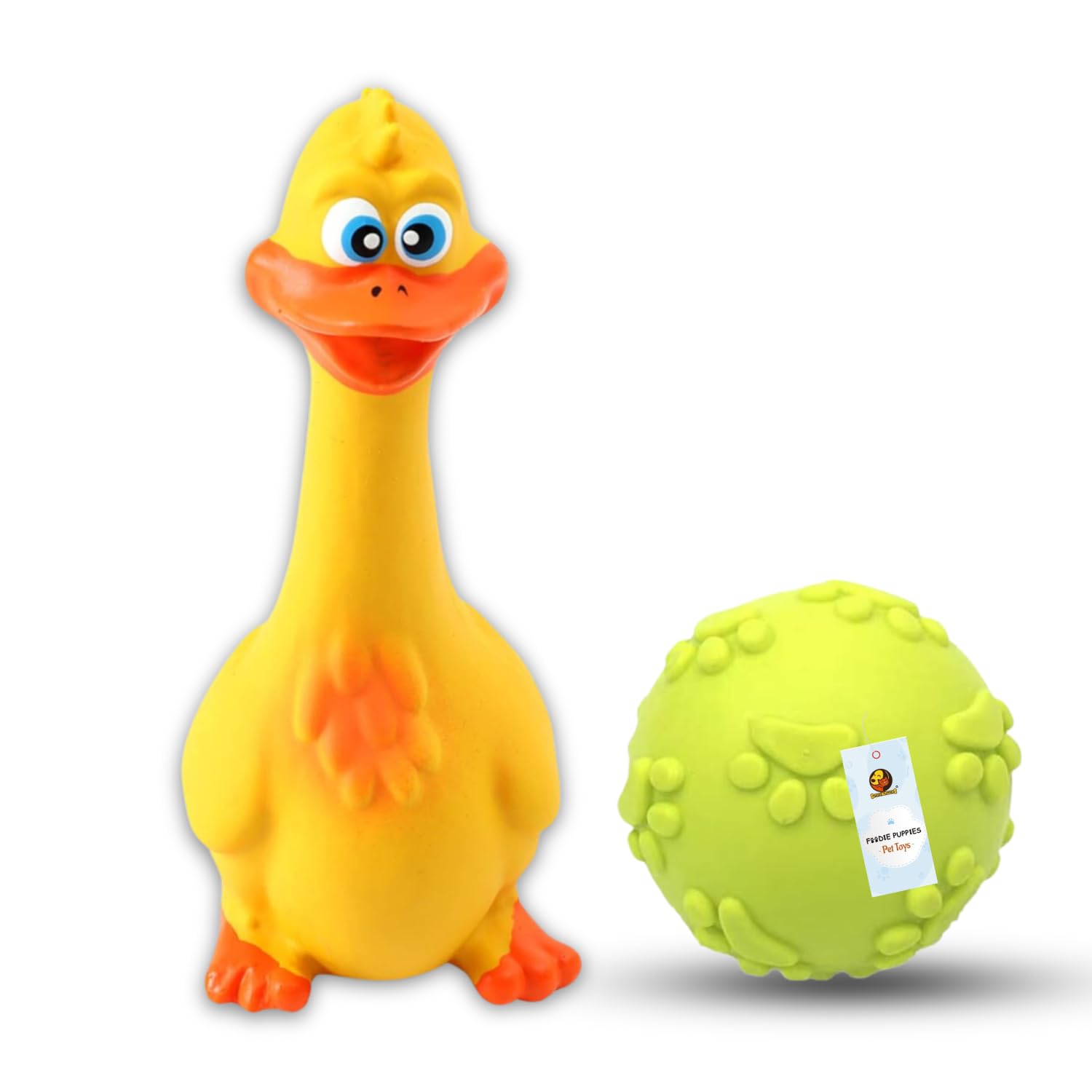 Foodie Puppies Dog Squeaky Chew Latex Toy Combo (Claw Ball + Yellow Duck) | Non-Toxic Durable Interactive Teething Play Toy | Sound Fetch Soft & Safe Chewing Toy for Small Dogs & Puppies