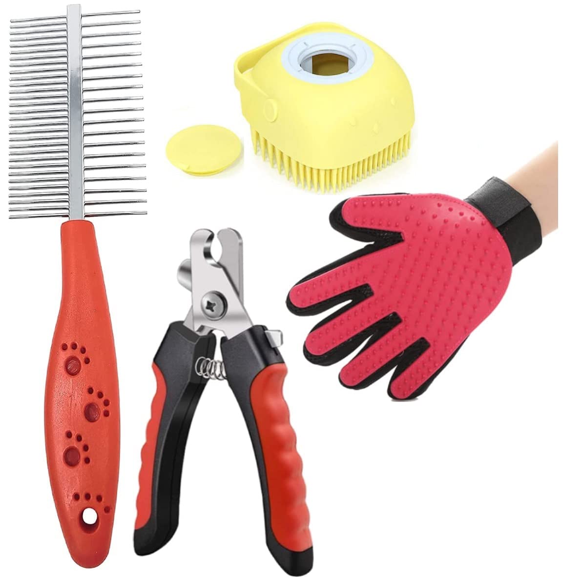 PSK PET MART Dogs Grooming Kit – Double Side Comb, Nail Cutter, Dog Bath Brush for Bathing and Glove for Puppy, Cat and Kitten – Combo of 4