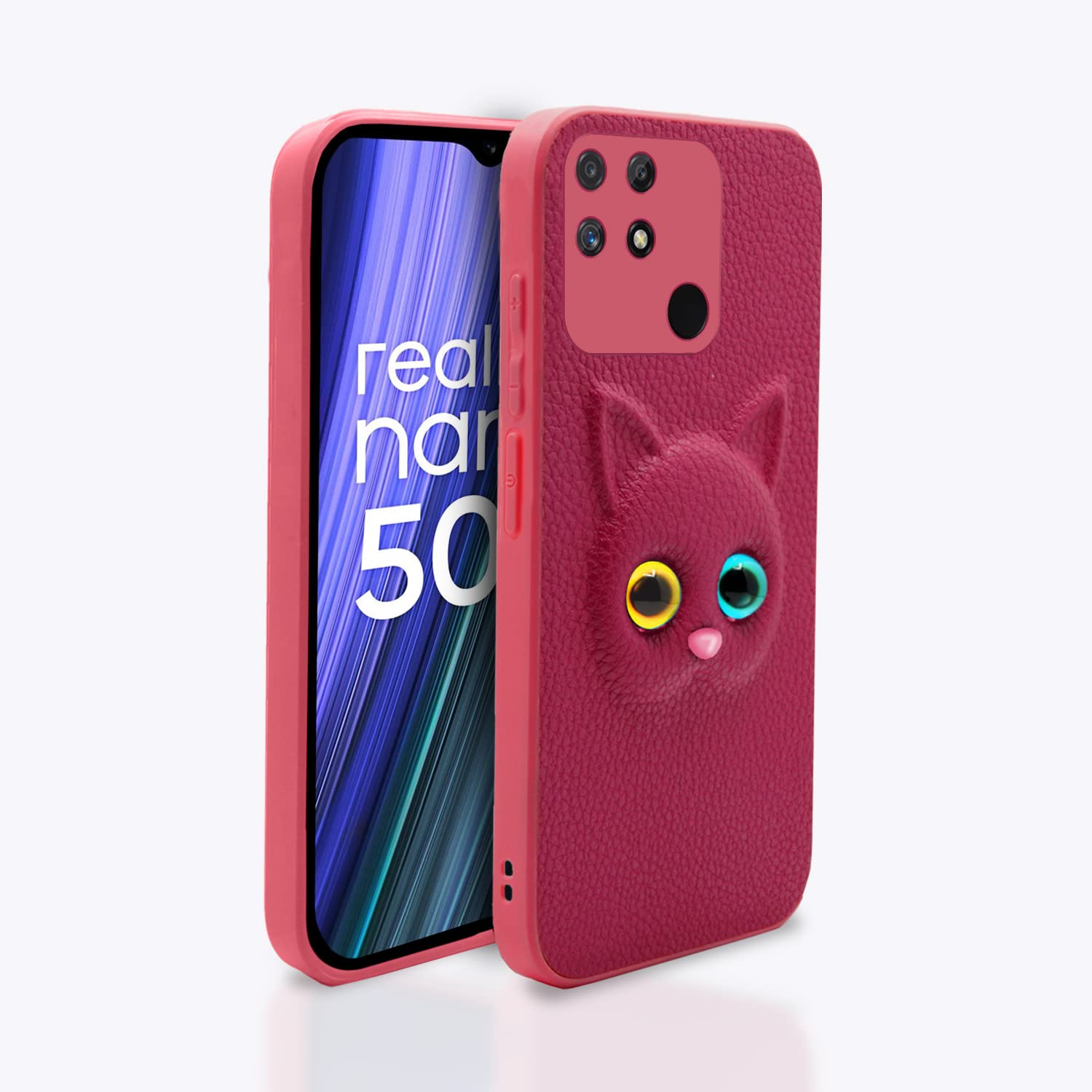 Pikkme Realme Narzo 50A Back Cover for Girls | Cute Cat Leather Finish | Soft TPU | Case for Realme Narzo 50A (Pink)