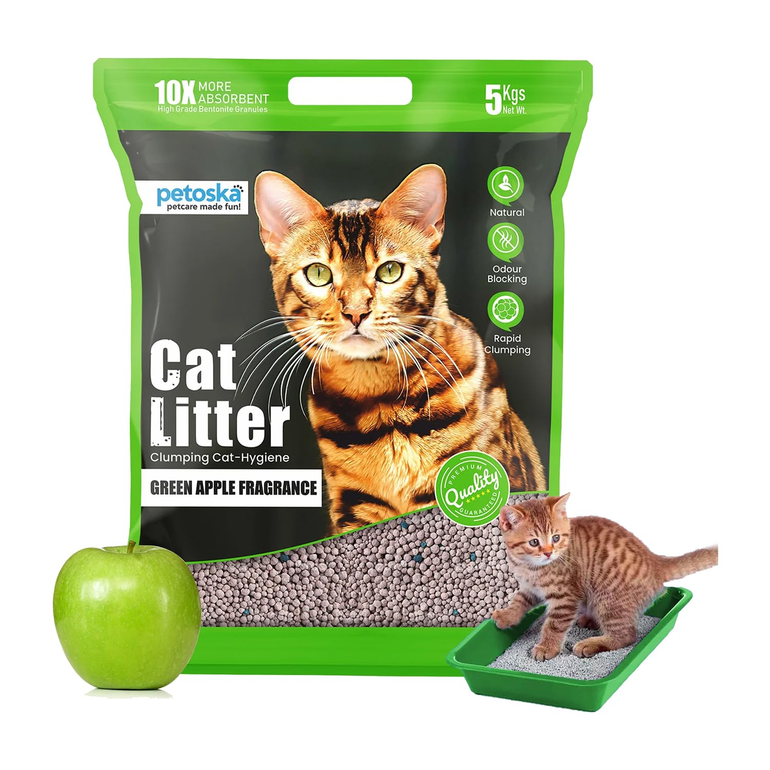 Petoska Cat Litter 5kg Green Apple | Fast-Clumping Bentonite Cat Litter with Odour Lock, Low Dust & Gentle on Paws | Fresh & Fruity Litter Box Everyday