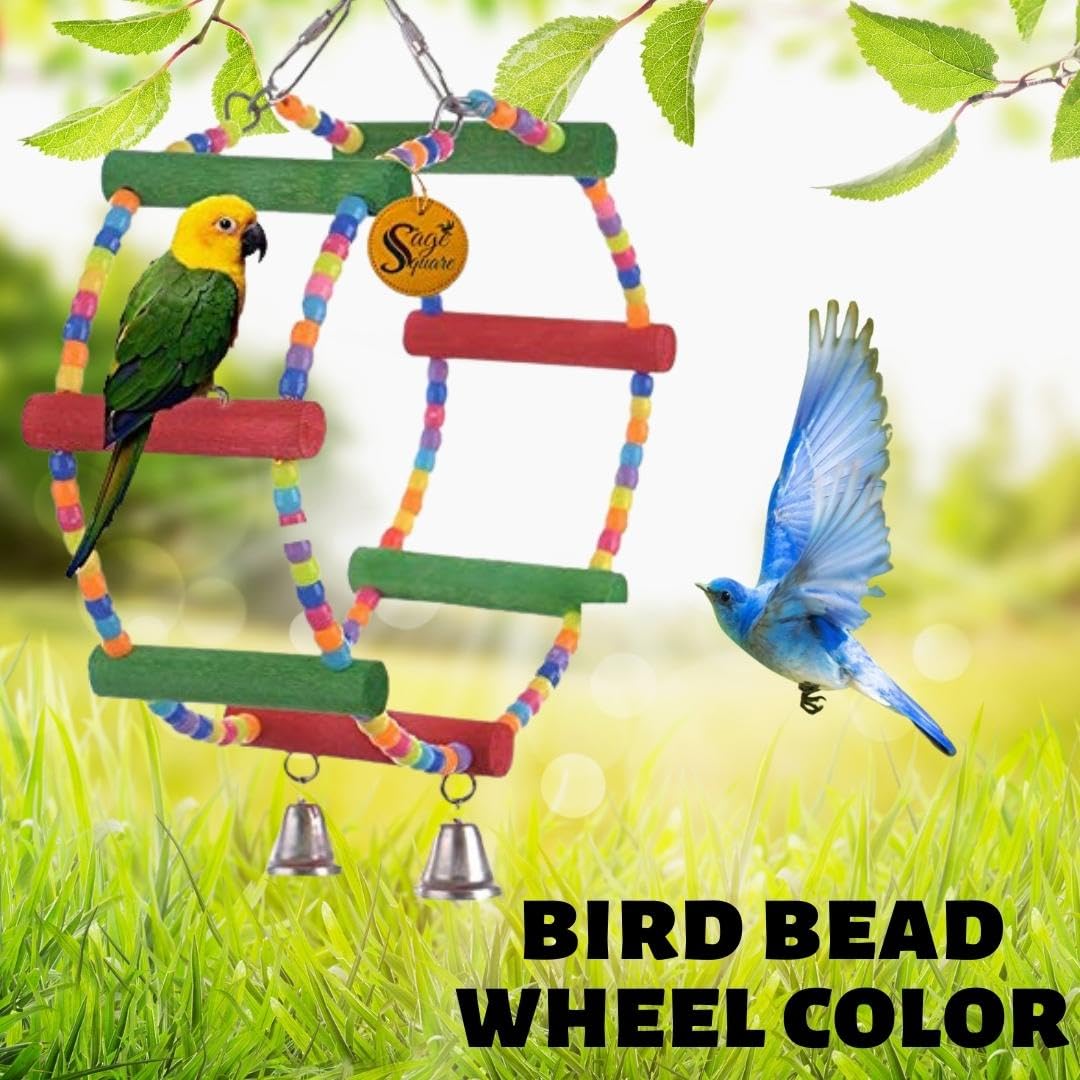 Sage Square Wooden Bead Swing Toy for Parrot with Giant Wheel – Playful Natural Wooden Bead Swing Toy for Parrot, Budgies, Cockatiel, Lovebird, Sun Conure, Finch, African Grey, Cockatoo, Macaw Birds