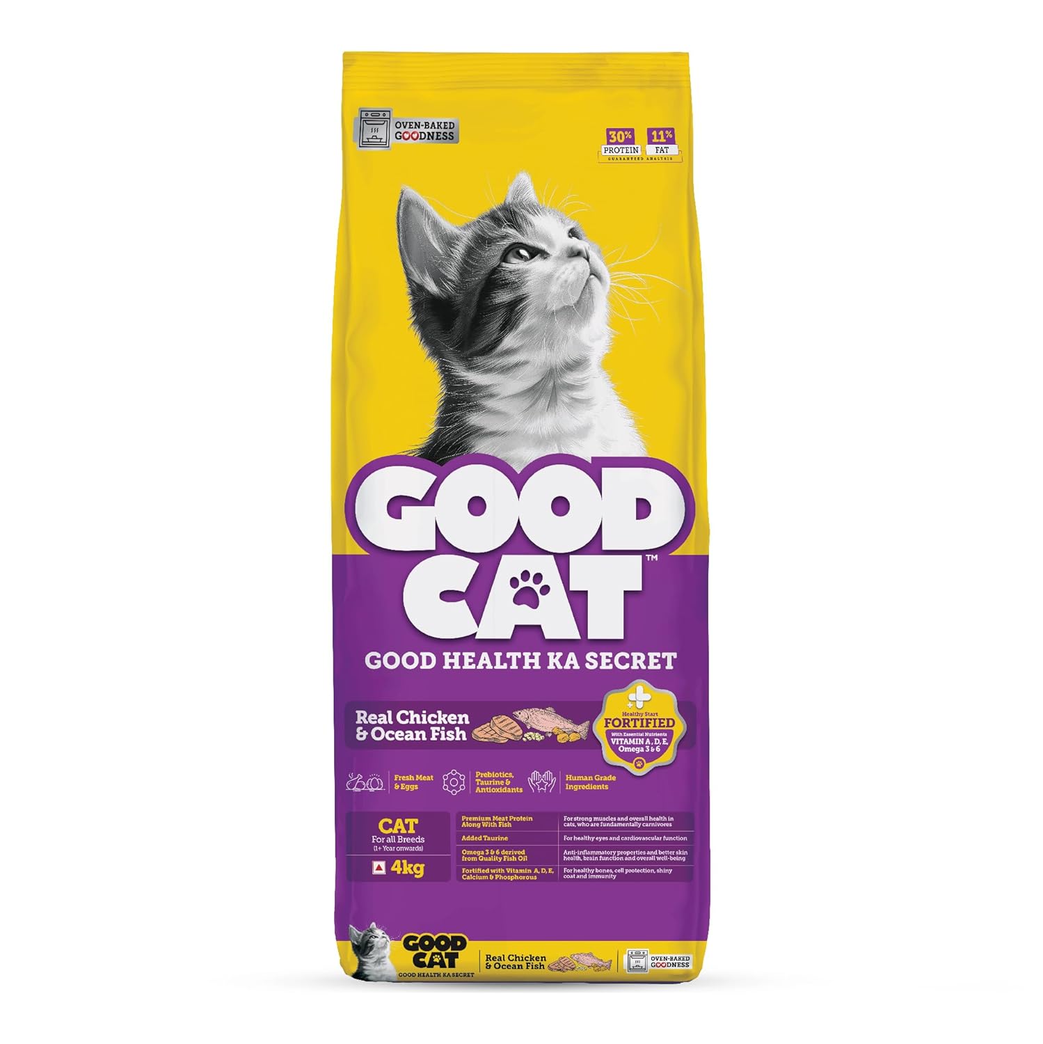 Good Cat Dry Cat Food | Oven Baked | Made with Real Chicken & Ocean 4 Fish Cat Food | 4 kg | Suitable for All Ages | High Palatability | Tuna, Salmon & Mackerel | Essential Taurine for Vision