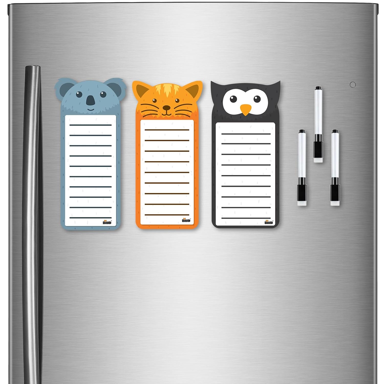 Windup Magnetic to Do List Set, 3 Animal Designs with Markers, 10×21 cm Dry-Erase Boards, Fridge Organiser with Cat, Owl, Koala