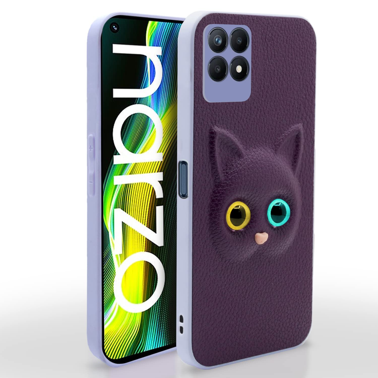 Pikkme Realme Narzo 50 4G / Realme 8i 4G Back Cover for Girls | Cute Cat Leather Finish | Soft TPU | Case for Realme Narzo 50 4G / Realme 8i 4G (Purple)