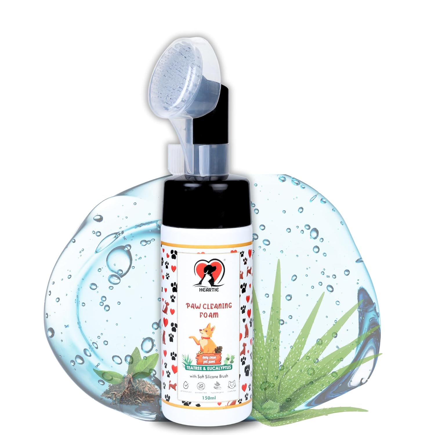 HEARTIE Paw Cleaner for Dogs and Cats | Dog Paw Cleanser Foam with Aloe, Tea Tree, Eucalyptus & Glycerine | Waterless Paw Cleaner for Dogs Large & Small | No-Rinse, pH-Balanced, Paraben-Free – 150ml