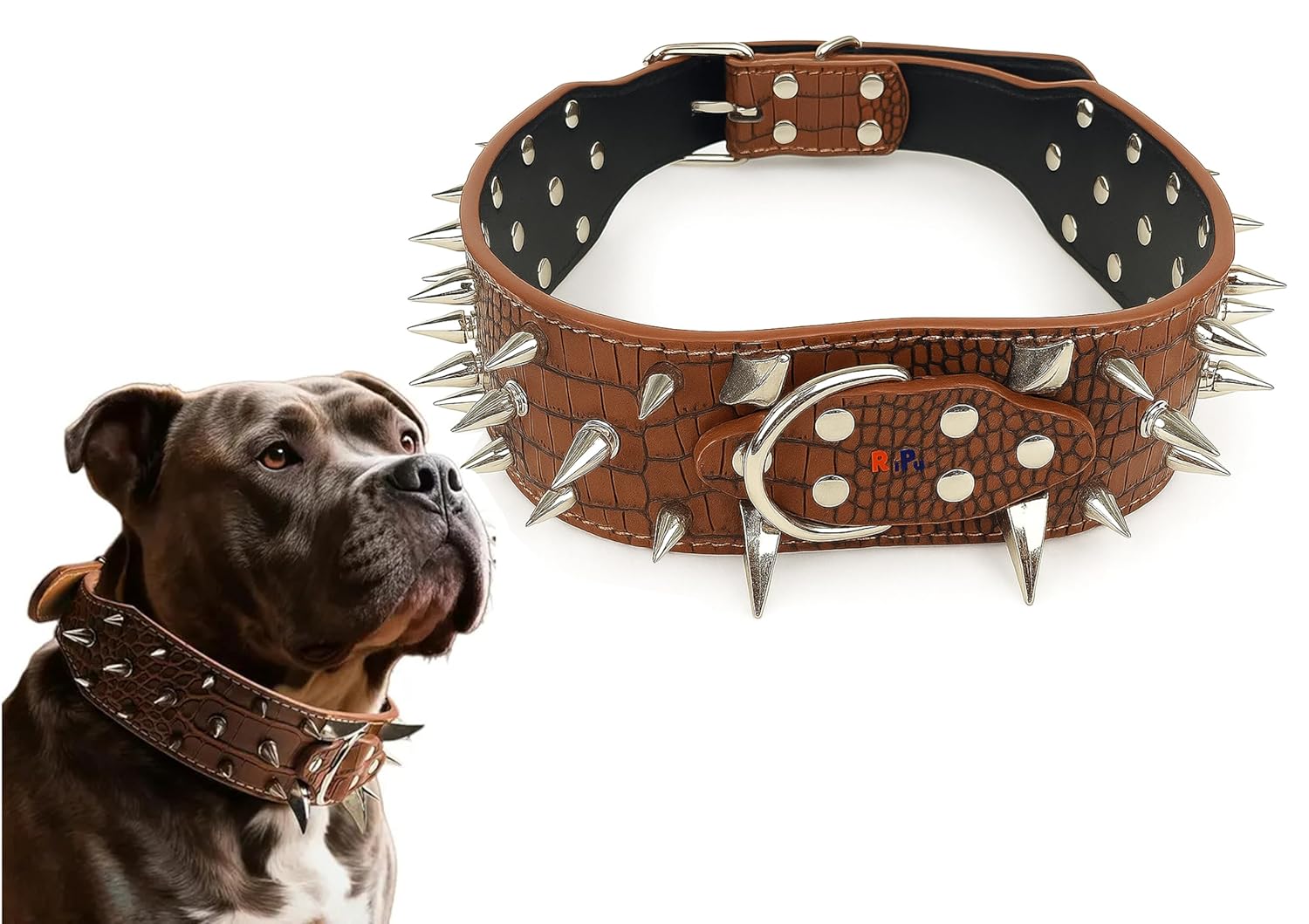 Woofy PU Leather Adjustable Spiked Studded Dog Collar 3″ Wide Pitbull Boxer Mastiff, Sharp Spiked Studded Dog Leather Collar for Large Pet Dog