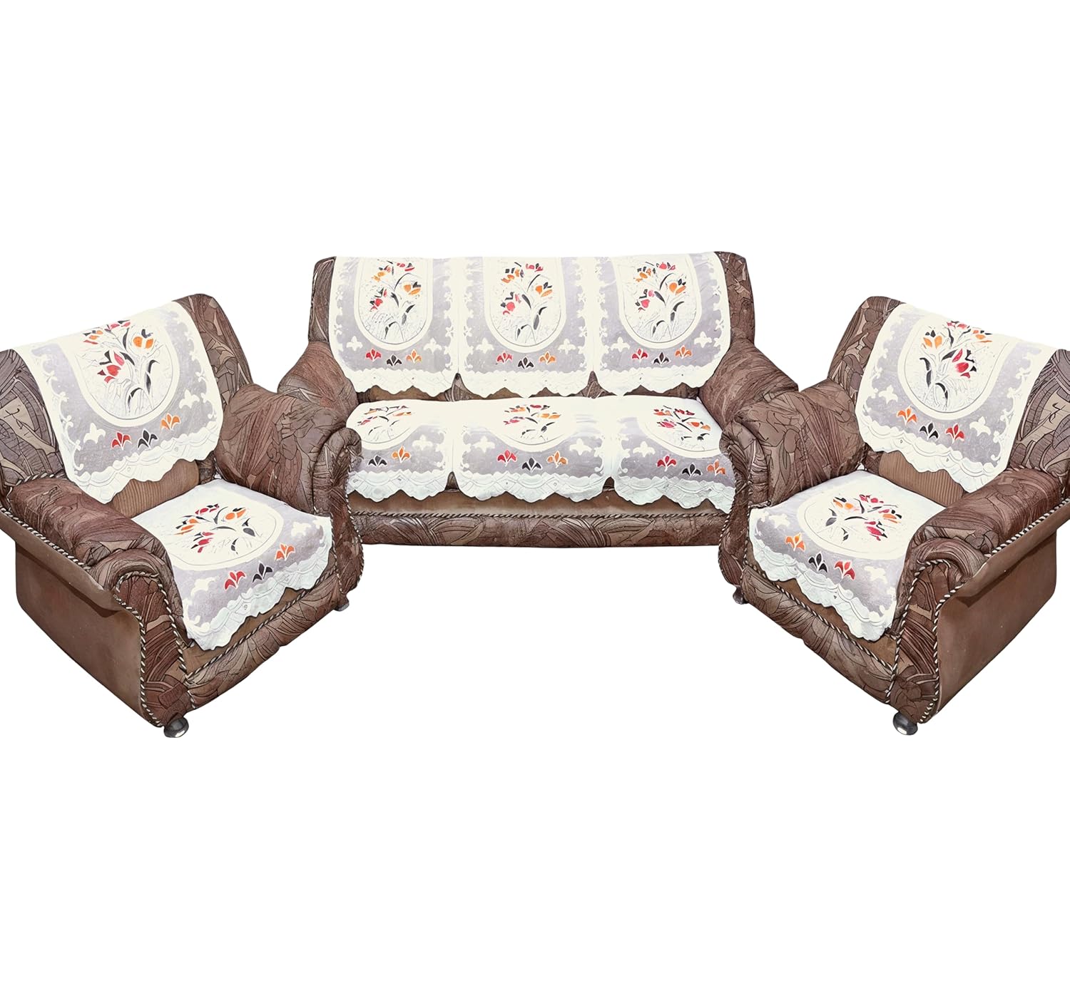 Kuber Industries Cotton Flower Print 5 Seater Slip Sofa Cover Set|Premium Cotton & Flower Print|Pack of 6 (Cream)