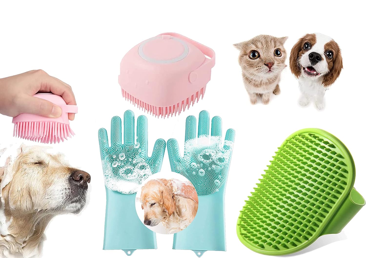 Style Keepers Combo Of 3 Pcs Silicone Dog Bathing Hand Gloves (Pair) & Pet Dog Bath Brush Soft Silicone Shampoo Massage Brush,Hair Fur Grooming Cleaning Brush Shampoo Dispenser For Dogs Cats Rabbit