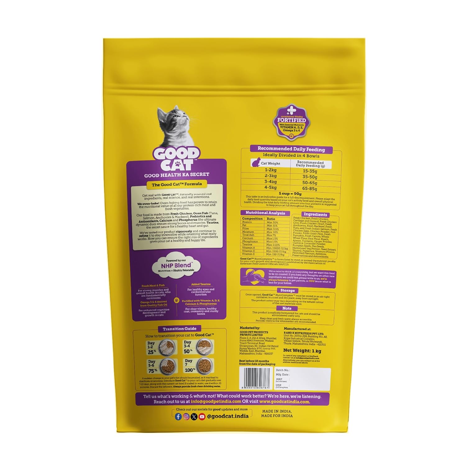 Good Cat Dry Cat Food | Oven Baked | Made with Real Chicken & Ocean 4 Fish Cat Food | 1 kg | Suitable for All Ages | High Palatability | Tuna, Salmon & Mackerel | Essential Taurine for Vision