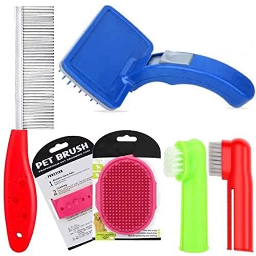 Sage Square Dog Grooming Kit – Dog Plastic Slicker Brush with Press Key for Puppies and Dogs + Dog Toothbrush + Pet Grooming Glove + Dog Steel Comb (Single Side) for Dog, Puppy, Cat – 4 in 1 Dog Combo