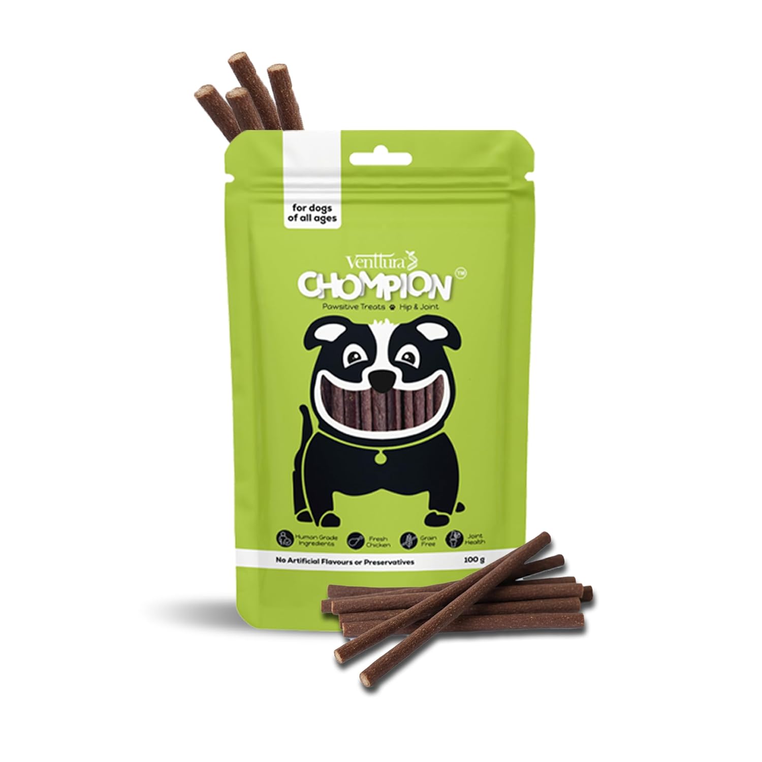 Chompion Pawsitive Hip & Joint Care Dog Treats,Made with Real Chicken,Human Grade Ingredients,Healthy Pet Treats Sticks for Puppies & Adult Dogs|Pack of 25 (100g) Chompion Pawsitive Hip & Joint Care Dog Treats,Made with Real Chicken,Human Grade Ingredients,Healthy Pet Treats Sticks for Puppies & Adult Dogs|Pack of 25 (100g)