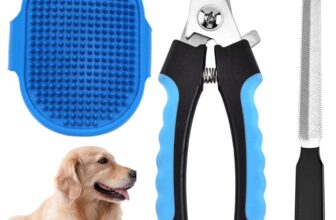 Sage Square Professional Grooming Combo for Dog, Puppy, Cat and Kitten – Dog Nail Clippers and Trimmer + Pet Bath Brush Grooming Comb with Adjustable Ring for Small Medium Large Breeds