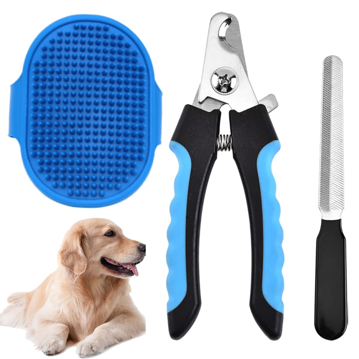 Sage Square Professional Grooming Combo for Dog, Puppy, Cat and Kitten – Dog Nail Clippers and Trimmer + Pet Bath Brush Grooming Comb with Adjustable Ring for Small Medium Large Breeds
