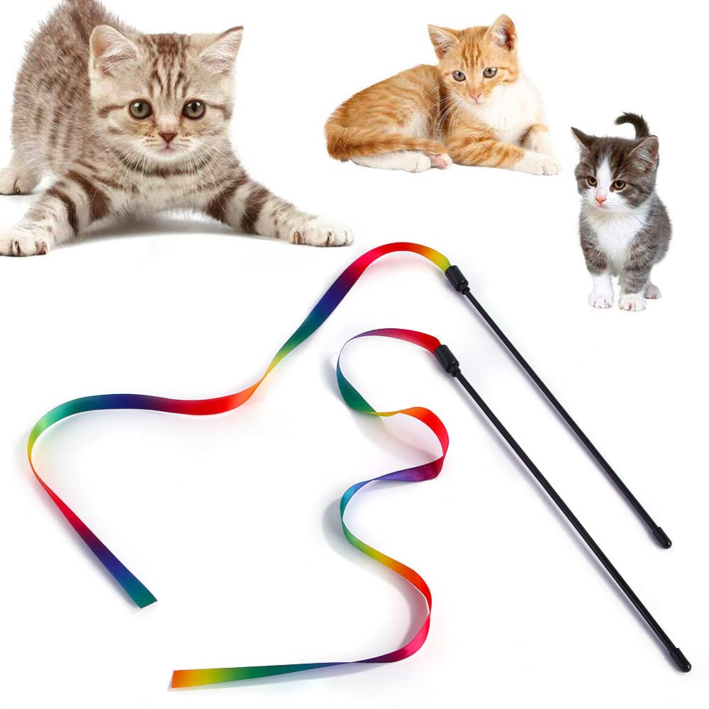 Qpets® 2 Pcs Cat Rainbow Wand Toys,Satin & Elastic Teaser for Kittens & Adult Cats – Indoor Exercise, Fun Games, Stress Relief
