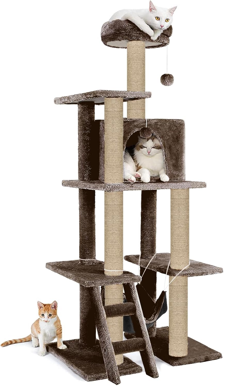 Multi-Storey Fur Fabric Kitten Cat Tree – Stairs | Hammock | Condo | Top Perch | Furry Balls | Scratching Posts (Height 60 Inch) (Brown – FURR-57)