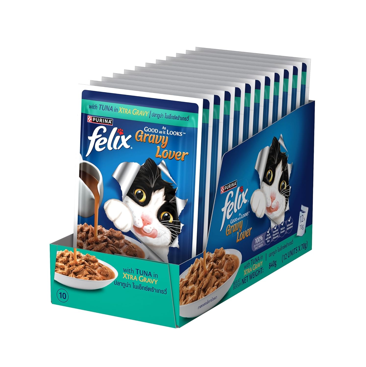 Purina Felix Gravy Lover, Tasty & Real Meaty Tuna Chunks, Wet Cat Food, Balanced Nutrition, 24 Months, Pack of 12 Pouches (12x70g)