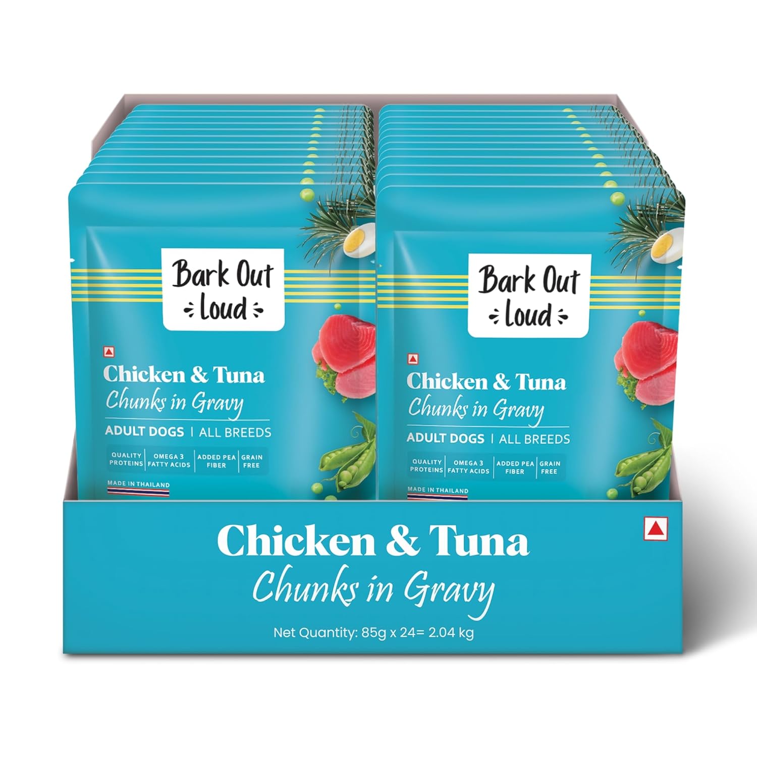 Bark Out Loud Wet Dog Food Chunks | Chicken & Tuna Gravy Food for Adult Dogs | Grain-Free, Pea Protein with Omega Fatty Acids | Healthy & Tasty Meal for Dogs | 85g (Pack of 24)