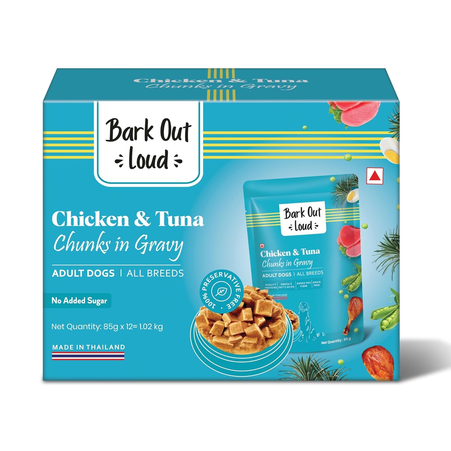 Bark Out Loud Wet Dog Food Chunks | Chicken & Tuna Gravy Food for Adult Dogs | Grain-Free, Pea Protein with Omega Fatty Acids | Healthy & Tasty Meal for Dogs | 85 g (Pack of 12)
