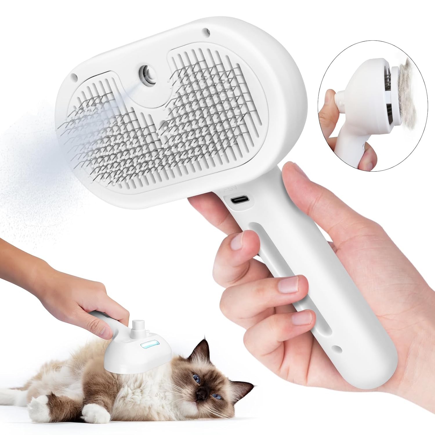Cat Steam Brush, 3 in 1 Steamy Cat Brush with Release Button and Tank, Anti-Static Pet Spray Hair Removal Comb, Rechargeable Dog Steam Comb for Furry Pet