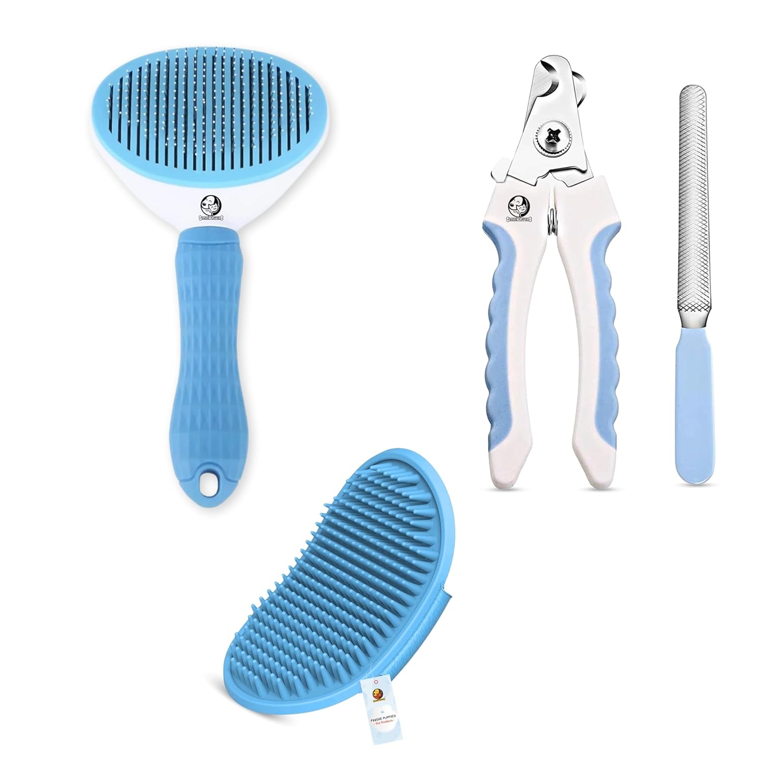Foodie Puppies 3PCS Cat, Dog Brush Grooming Kit – (Oval Slicker + Sooting GLove + Nail Cutter with Filer) |Hair Grooming Massage Bath Brush for Long or Short Hair |Cat Brush with Button