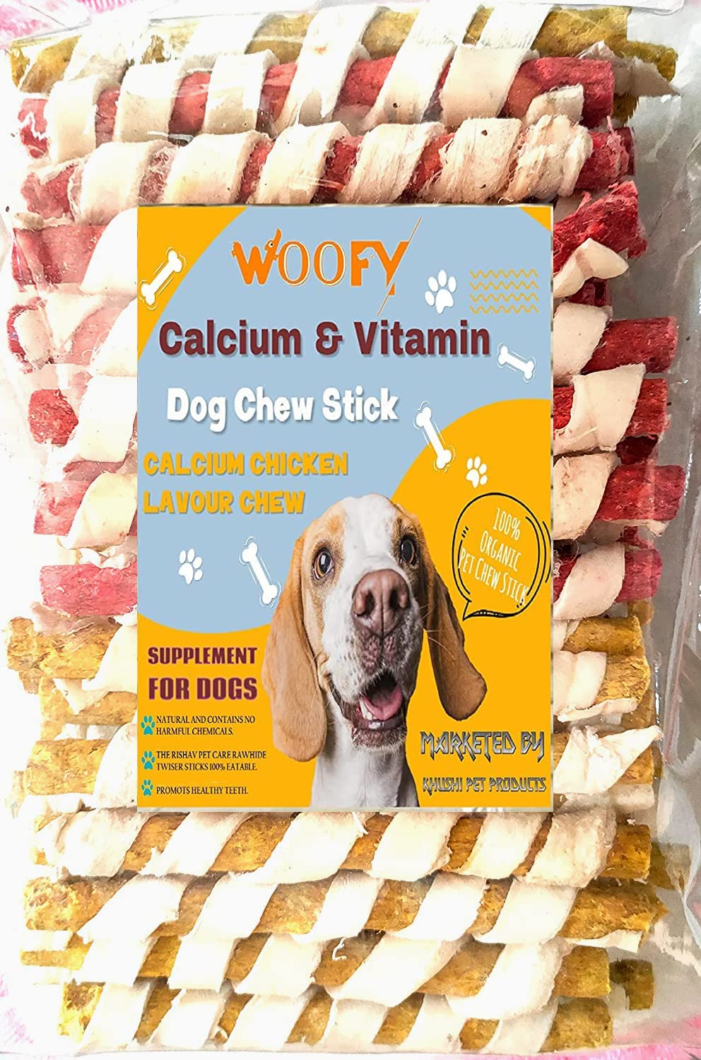 Woofy Dog Spiral munchy Rawhide chew Stick | 500gm Chicken Flavour + 500gm Mutton Flavour | Chicken and Mutton Flavours Twisted Sticks for Puppies and Dogs – Pack of 1Kg
