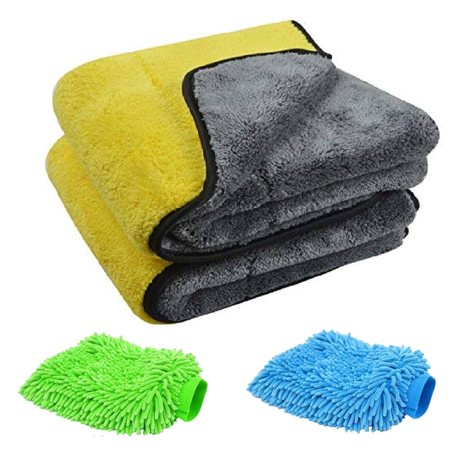 Autofy Multipurpose 4 in 1 Combo Cleaning Kit Dust Cloth Towel Glove for All Vehicles Bike Car Glass Kitchen, 2-800GSM Towel + 2 Microfiber Gloves (Multicolour)