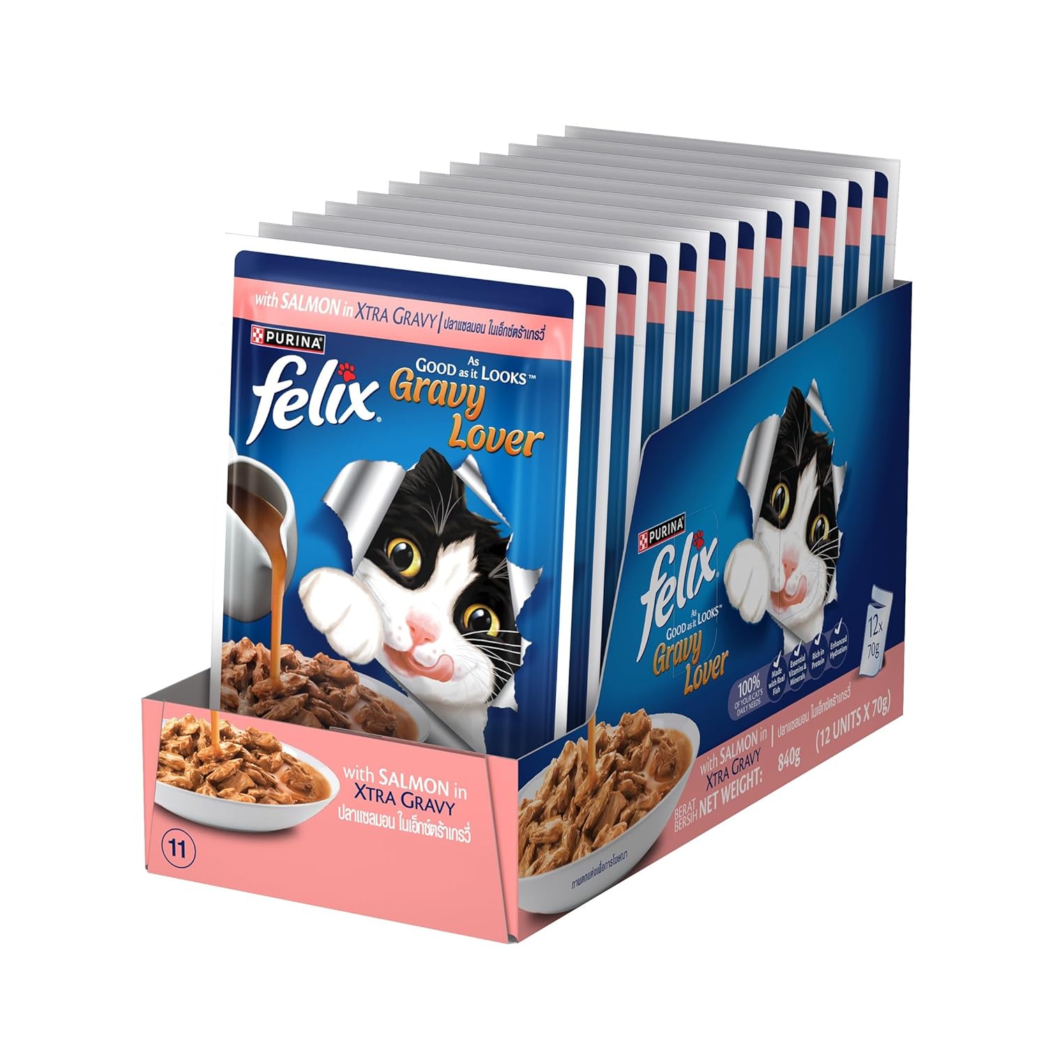 Purina Felix Gravy Lover, Tasty & Real Meaty Salmon Chunks, Wet Cat Food, Balanced Nutrition, 24 Months, Pack of 12 Pouches (12x70g)