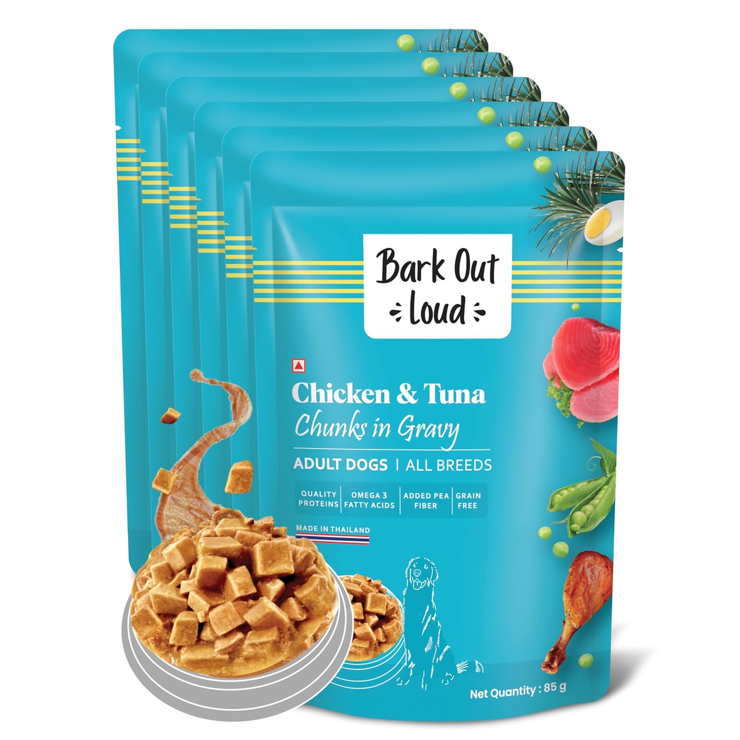 Bark Out Loud Wet Dog Food Chunks | Chicken & Tuna Gravy Food for Adult Dogs | Grain-Free, Pea Protein with Omega Fatty Acids | Healthy & Tasty Meal for Dogs | 85 g (Pack of 6)