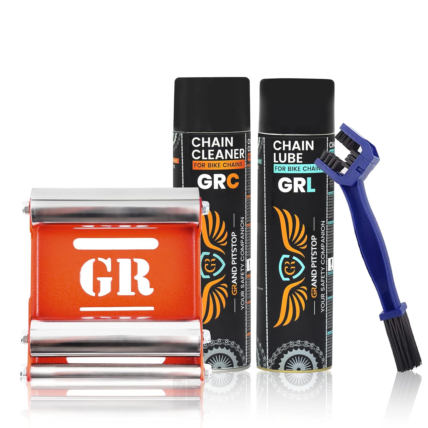 Grand Pitstop GRC Chain Clean and GRL Chain Lube (500 ml) Paddock Stand Groller Medium and Bike Chain Cleaning Brush Blue