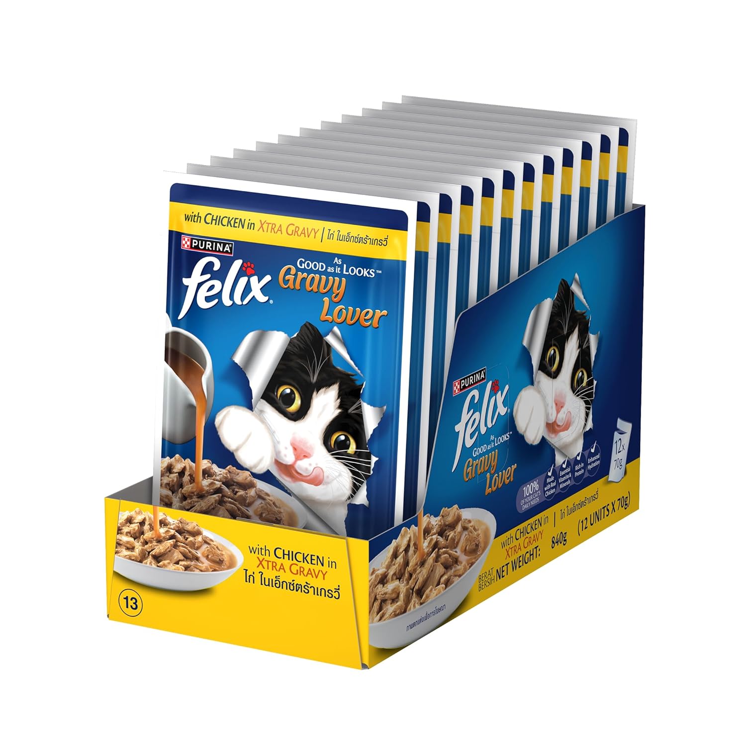Purina Felix Gravy Lover, Tasty & Real Meaty Chicken Chunks, Wet Cat Food, Balanced Nutrition, 24 Months, Pack of 12 Pouches (12x70g)